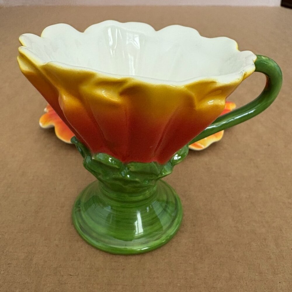 Flower Shaped Teacup & Saucer Red Orange Floral Ceramic - Picture 5 of 11